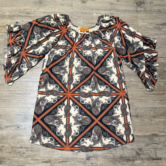 Voom by Joy Han Southwestern Paisley Printed Bohemian Sun Dress Ruffled Sleeves - Picture 3 of 14